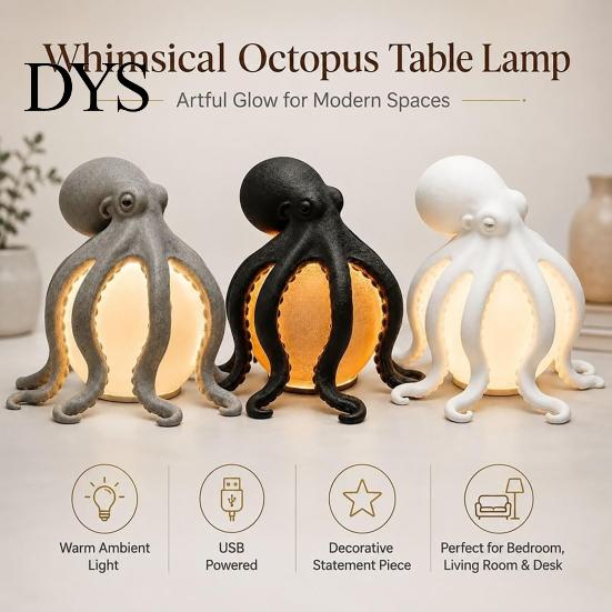 Holiday Housewarming Present 3D Printed Octopus Ocean Table Lamp, Artistic Tentacle Sculpture Decor, Warm Glow Unique Lighting Coastal Nautical Accent