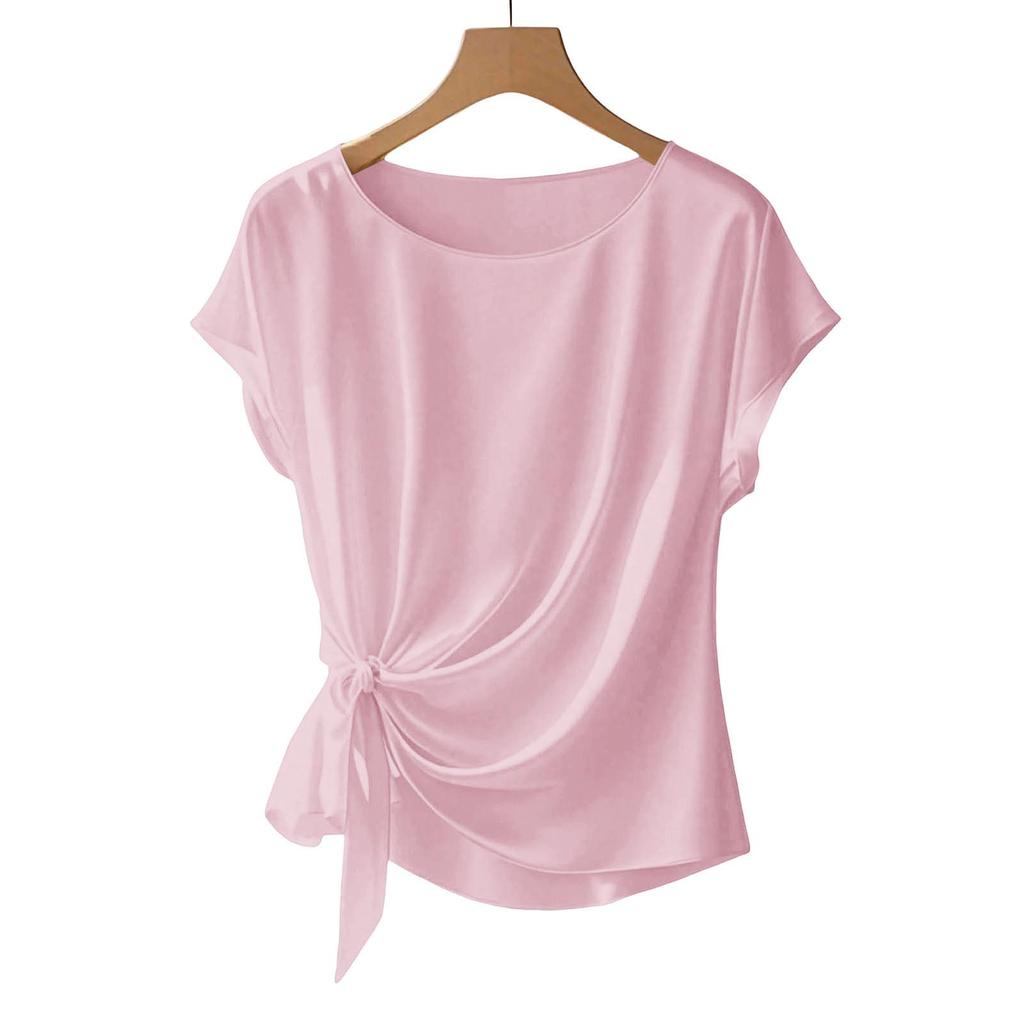 Womens Spring Tops Short Sleeve Side Tie Blouse Summer Shirts for Women Casual Loose Fit Womens Summer Shirts for Daily Wear