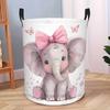 A Cute Elephant Laundry Basket with a Pink Bow And Butterflies - Featuring a Soft Pastel Cartoon Design, This Durable Polyester Storage Box Is Perfect