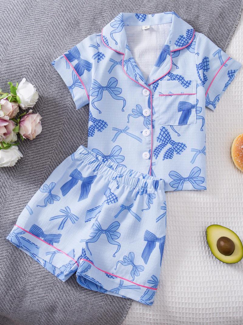 Cross-border Girls  Short-Sleeve Shorts Bow Pajama Set - European/American Style Size 120