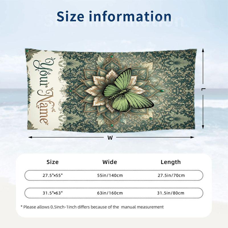 Butterfly Art Nouveau Theme Quick Dry Beach Towel Custom Name Text Print Large Sand Resistant Towel Beach Vacation