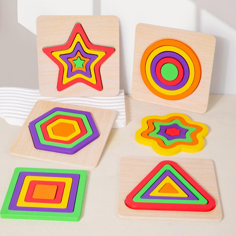 Wooden Geometric Colorful Puzzles 3D Shapes Cognition Board Montessori Puzzle Educational Toy for Toddlers Color Shape Learning