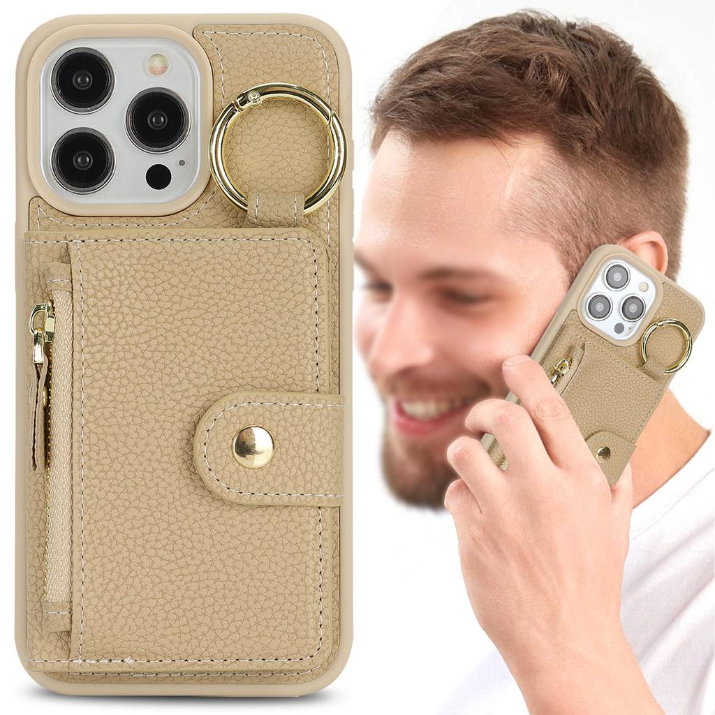 Applicable to iPhone16 mobile phone case 15Pro lychee pattern zipper change bag insert card ring buckle 14plus card bag