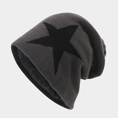 Unisex Slouchy Winter Hats Five Star Pattern Warm Hats For Men Women Plush Fur Lined Fashion Ski Beanie Cap
