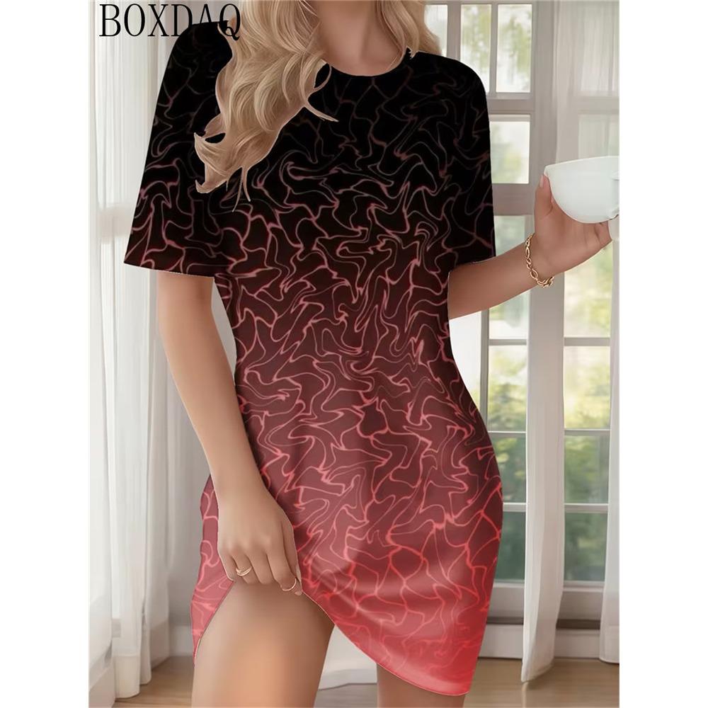 2026 Summer Home Abstract Design Printed Round Neck Short Sleeve Loose Women's Dress