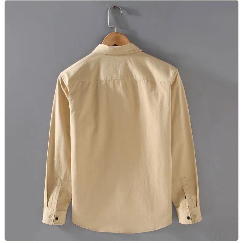 Camisas de Hombre de Algodón de Manga Larga Estilo Japonés Primavera Ropa de Trabajo Tops para Hombre Color Sólido Doble Bolsillo Cuello Puntiagudo Camisa Casual Corte Ajustado