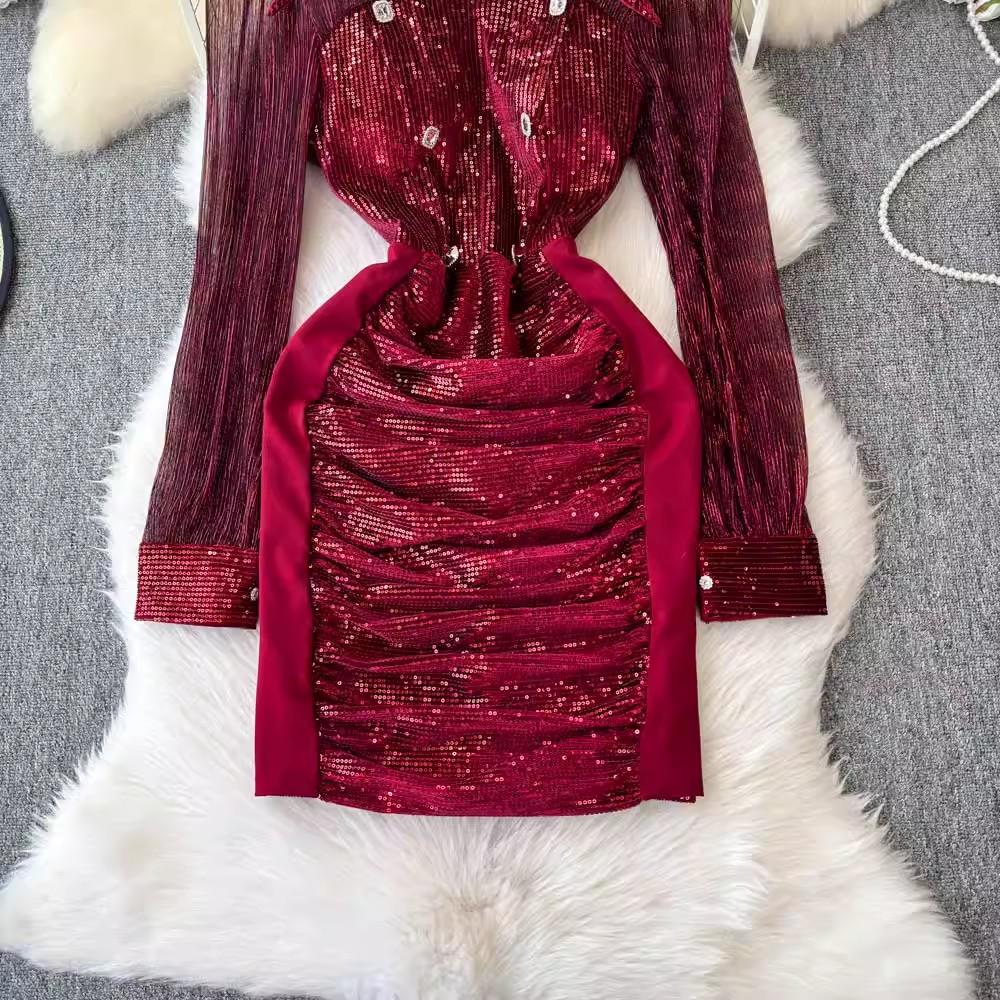 New Autumn Retro Sequins Lapel Pencil Dress Women Clothes Elegant Lady Sheer Sexy Long Sleeve Slim Short Party Birthday Vestidos