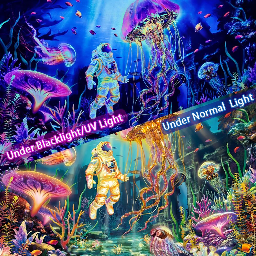 Lahasbja Blacklight Astronaut Tapestry UV Reactive Jellyfish Wall Hanging Fantasy Under The Sea World Wall Tapestries Aesthetic Neon Coral Plants