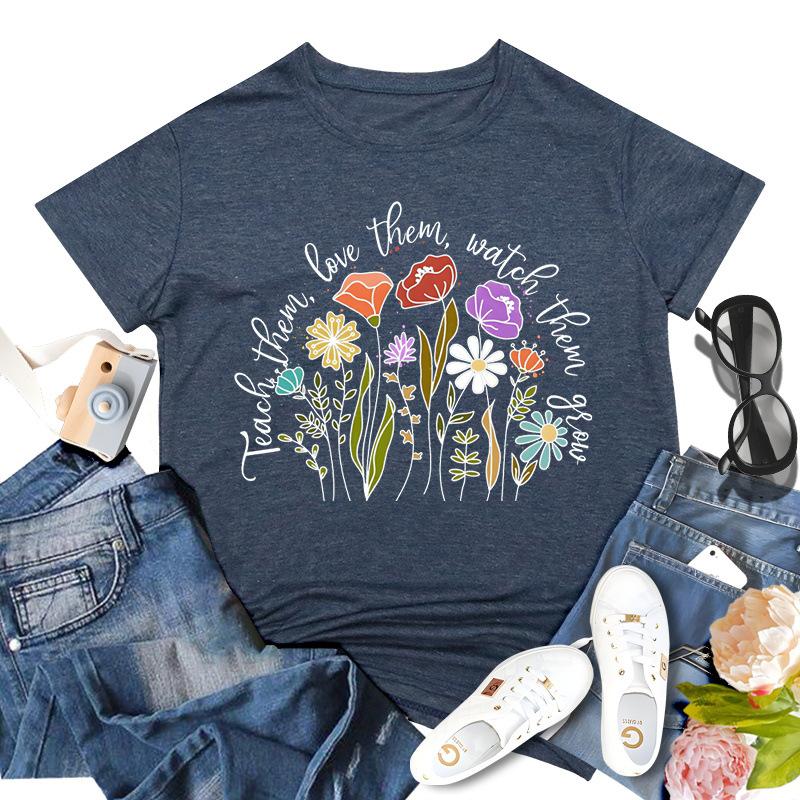 Rundhalsausschnitt, kurzärmelig, bedruckt, inspirierende Lehrerin, bequem, lässig, locker, Baumwolle, kurzärmelig, T-Shirts für Damen