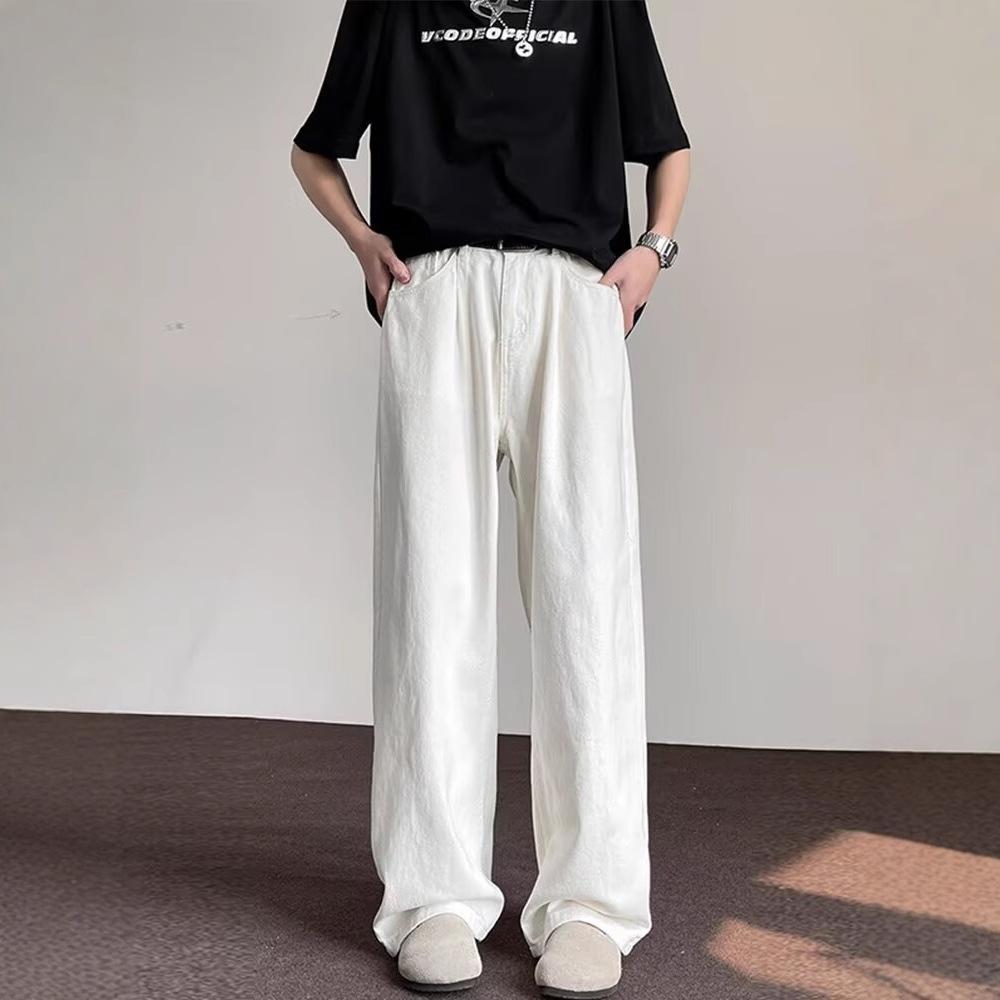 American retro white jeans men's summer new trendy brand basic solid color straight pants loose casual pants