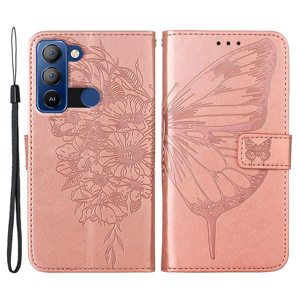 For TECNO Pop 5 LTE 4G Wallet Case with Wrist Strap Butterfly Imprint Leather Phone Cover