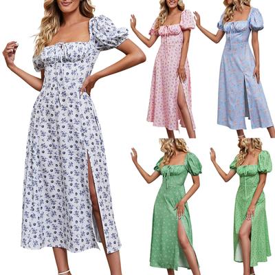 Damen Sommermode Einfarbig Hohe Taille Puffärmel Taille Kleider