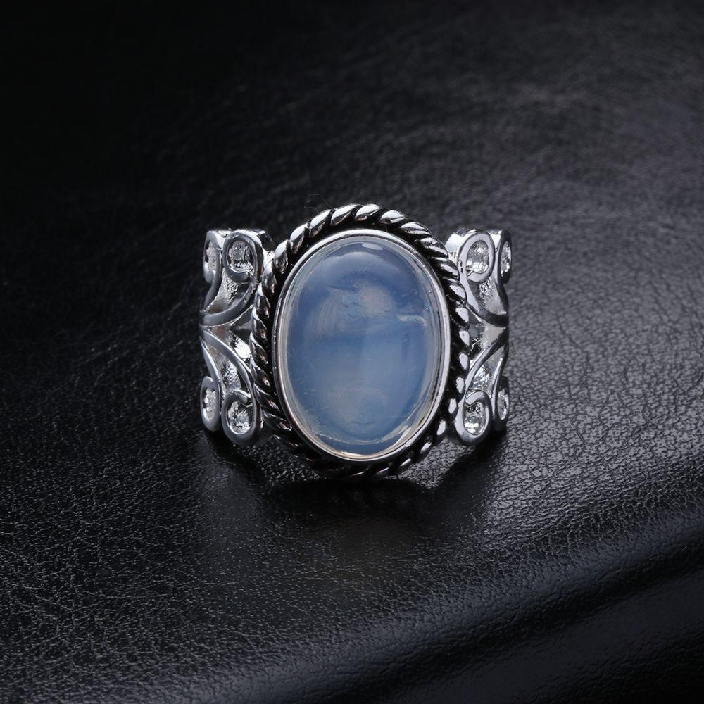 

Ретро Женское Бохо Тибетский Натуральный Драгоценный Камень Серебряное Овальное Кольцо Радужный Лунный Камень 7