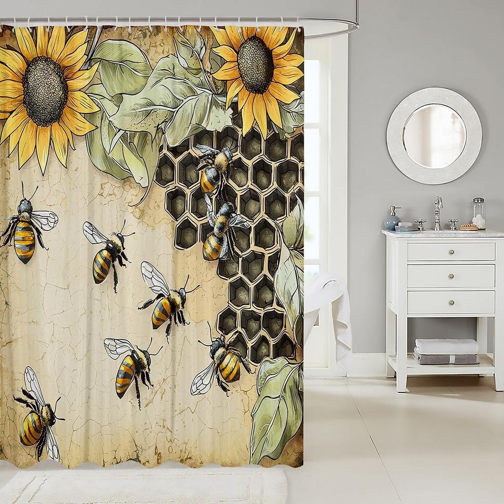 Wild Bee Shower Curtain Honeycomb Honey Yellow Garden Flower Retro Farmhouse Rustic Bathroom Decor Hooks