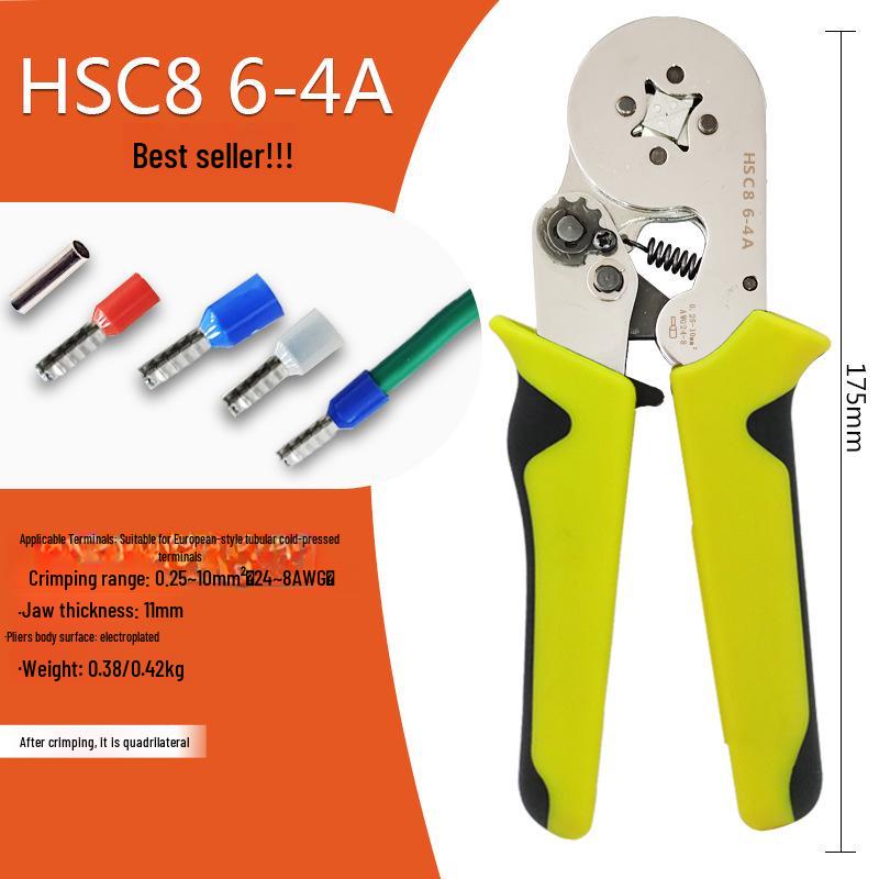 

HSC8 6-4A Self-Adjusting Crimping Tool for VE Tube Terminals, 0.25-10mm Range, Quadrilateral Crimping.