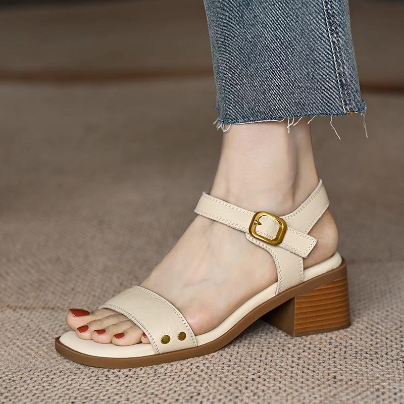 Summer Sandals Sheep Leather Women Shoe Square Toe Chunky Heel Roman Sandals Genuine Leather Open Toe Sandals for Women Handmade