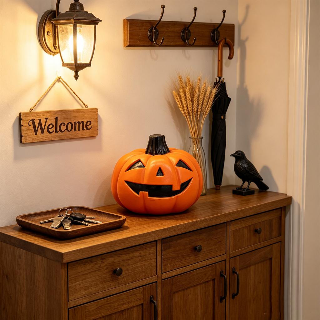Halloween Pumpkin Decoration with Face, Funny Figurine for Shelf, Table and Party Display
