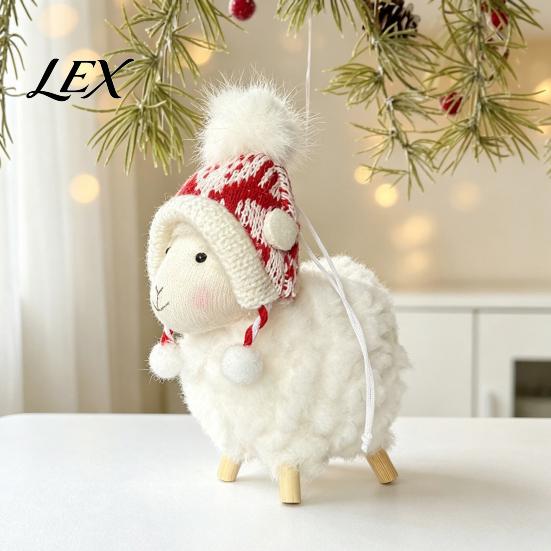 Plush Lamb Decorations White Sheep Christmas Ornament, Cute Knit Hat Tabletop Decoration, Soft Artisan Crafts Fabric Hanging Pendant for Tree, Holiday