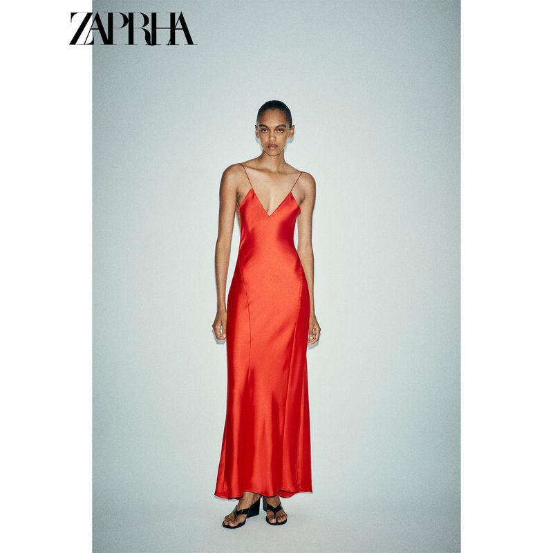 Zaprha 2025 Summer New V-neck Spaghetti Strap Backless Silk Satin Texture Long Sling Dress 3067213