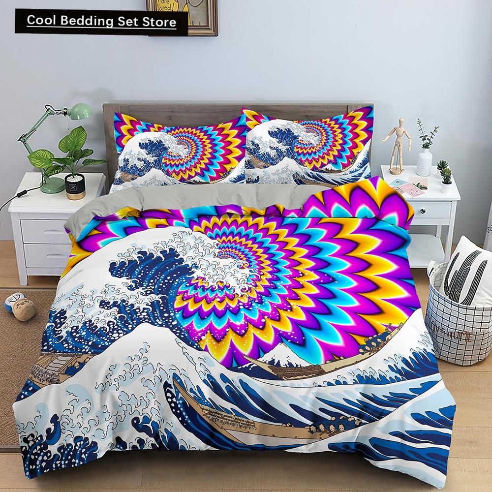 Ozeanwelle Bettwäscheset 3D Abstrakte Kunst Bettbezug King/Queen Größe mit Kissenbezug Aquarellstil 2/3-teilig Polyester Steppdeckenbezug