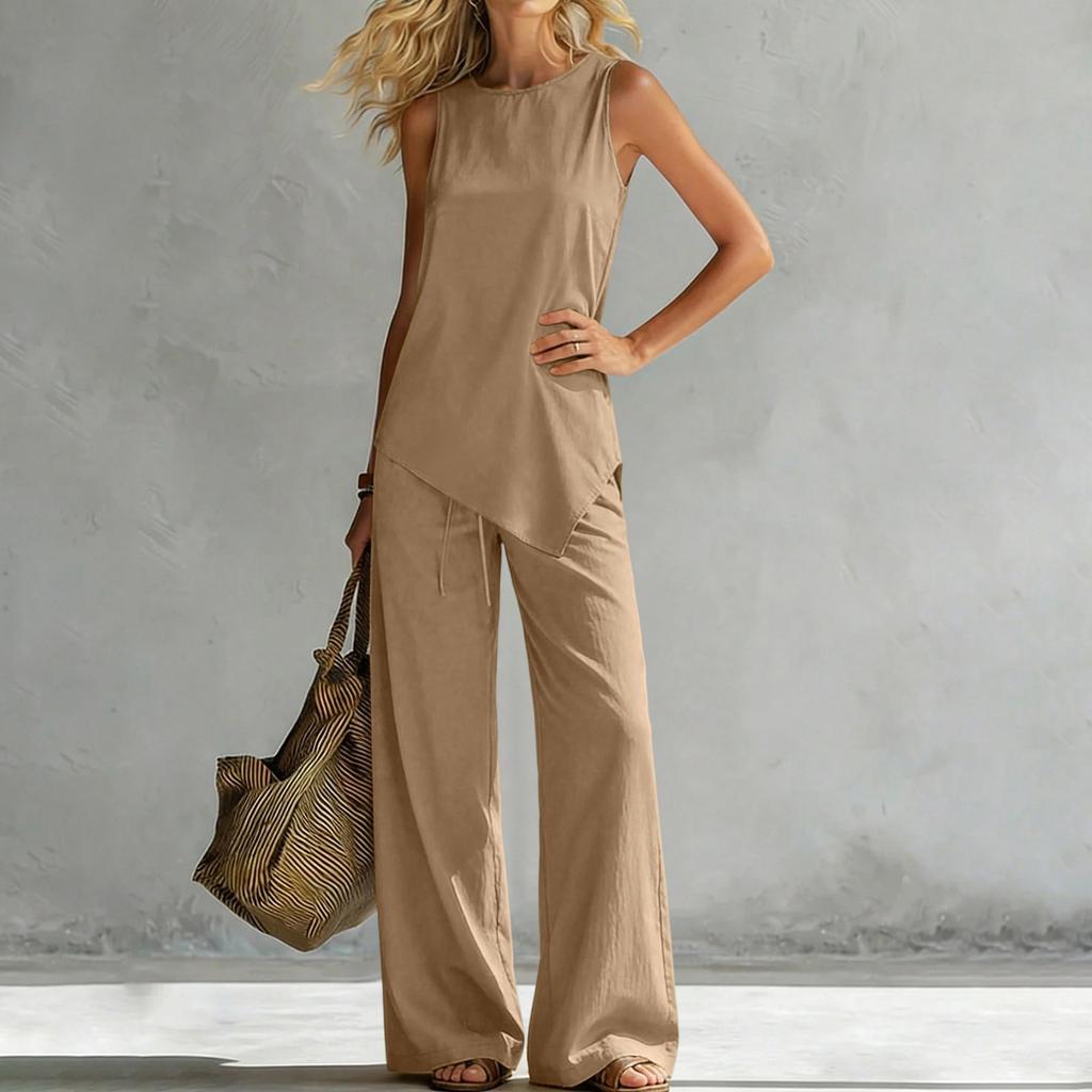 Women's Fashionable Loose Round-neck Vest With Asymmetric Hem Sleeveless Pullover Top High-waisted Wide-leg Pants Set