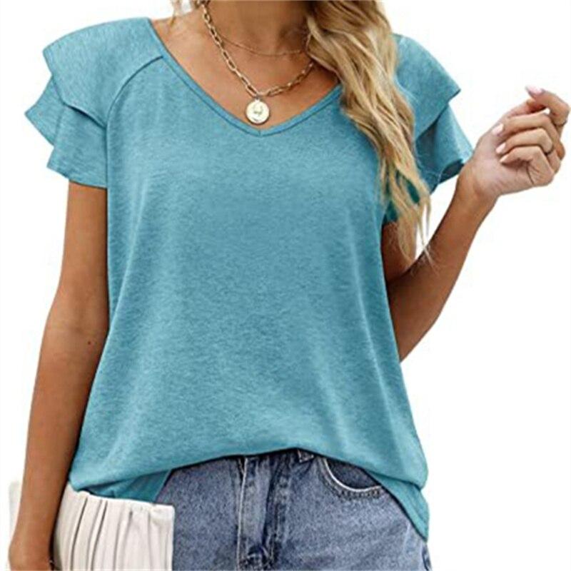 

blusas с оборками 2022, блузки, летняя одежда, футболки для женщин, топ, женская футболка, женская футболка, топы roupas femininas, футболка XXL озеро синий