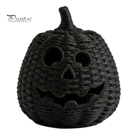 Black Braided Halloween Prop Handwoven Pumpkin Basket with Witch Hat Lid, Rustic Wicker Trick Fall Housewarming Gifts or Treat Bucket for Indoor