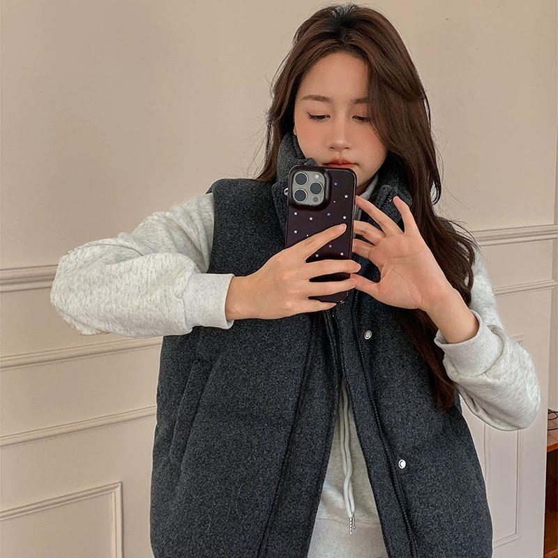 Short Down Cotton Vest Women's Korean Fashion Stand-up Sleeveless Zipper Student Vest Jacket Black Gray Waistcoat Tide