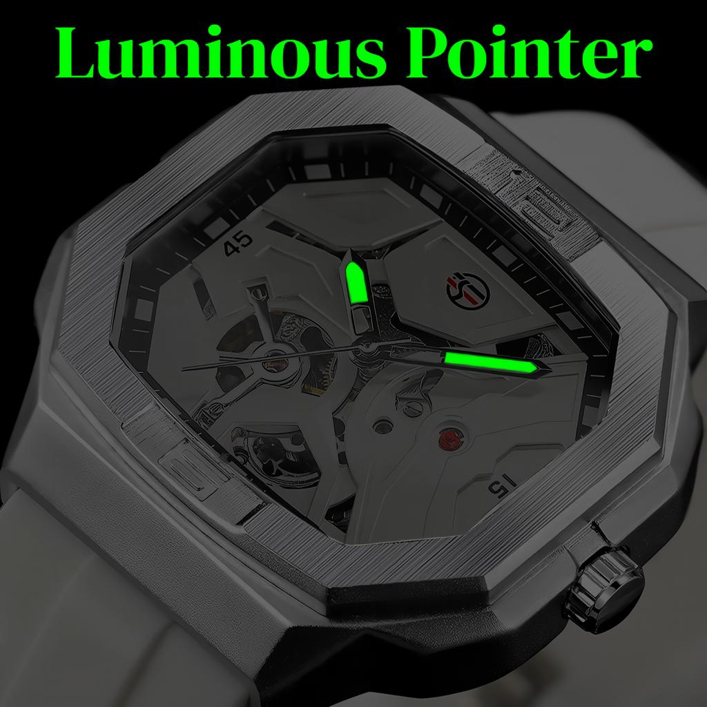 Forsining Mens Skeleton Automatic Self Wind Mechanical Movement Watches Waterproof Luminous Square Dial Silicone Strap Wrist Watch