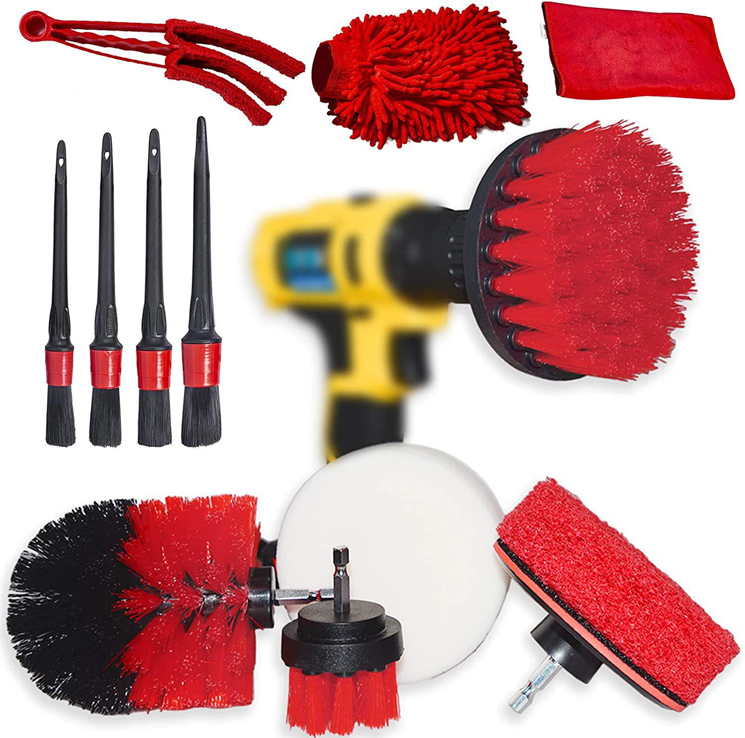 12-Piece Car Cleaning Set: Electric Drill Brush & Detail Brushes Red; 12-Piece Car Wash Tool Set; PP