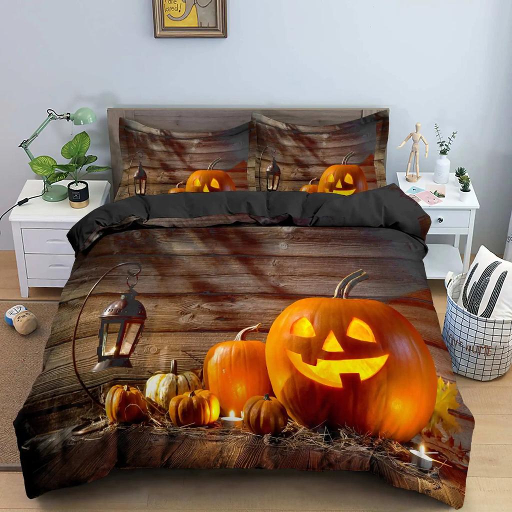 Halloween Pumpkin King Queen Duvet Cover Cartoon Black Cat Bedding Set Kids Girls Orange Pumpkin Lantern Polyester Quilt Cover