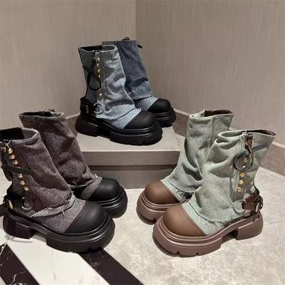 Stiefeletten mit Nieten im Spice Girl-Stil, gefälschte zweischichtige Stiefel mit Plateau-Elevation, kleine Stiefel für Mädchen