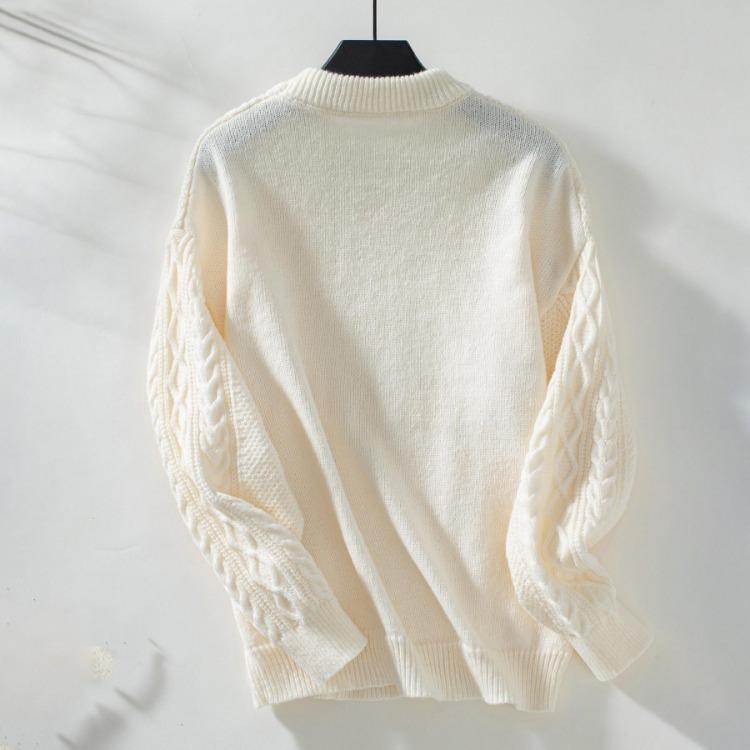 Vintage Autumn Winter Loose O Neck Sweater Long Sleeve Solid Color Knitwear Top Cardigan