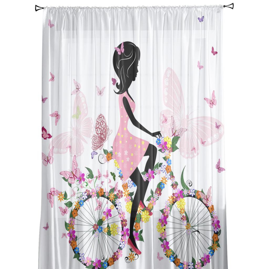 Butterfly Girl Bicycle Flower Pink White Chiffon Sheer Curtains for Living Room Bedroom Decoration Window Voiles Tulle Curtain