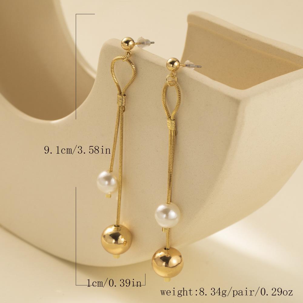 Gold Color Tassels Earring Creative Imitation Pearl Splicing Copper Long Chain Earrings Women Girls Vintage Minimalist Jewelry