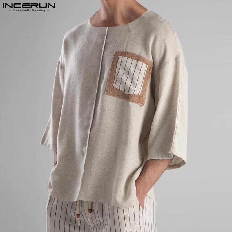 

INCERUN Mens Summer Short Sleeve Patchwork Thin Casual T-shirts Tops S хаки