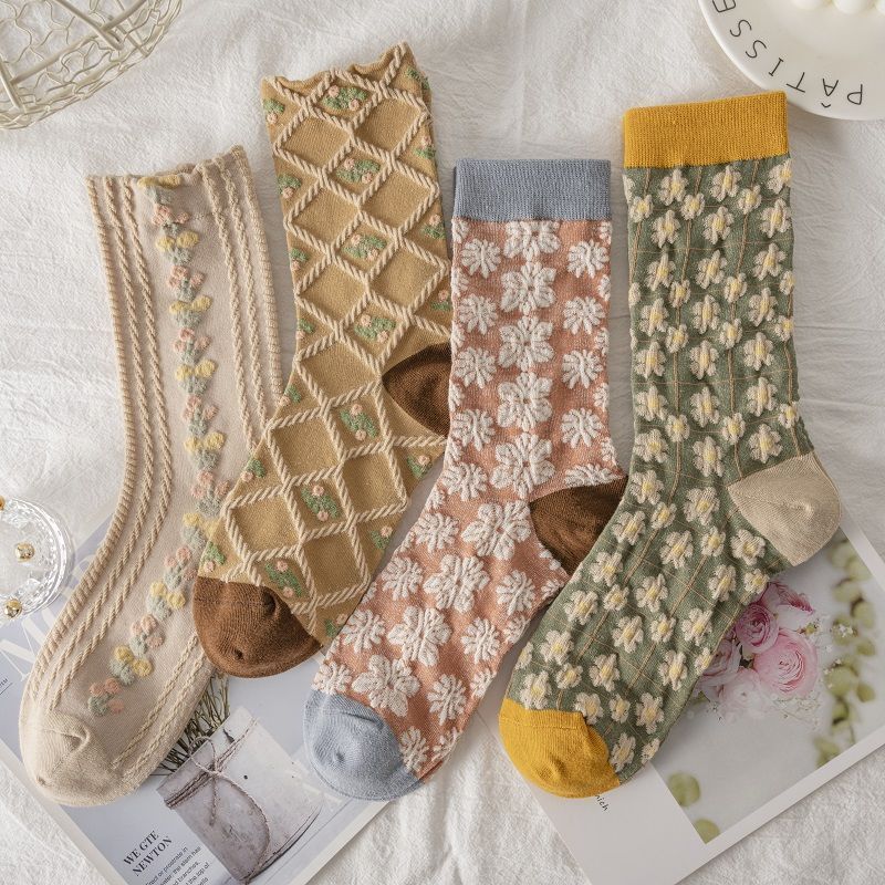 5 Pieces/white Floral Mid-tube Socks Women's Trendy Japanese Powder Fog Color Student Loli Spring Thin Section JK Socks Pink New