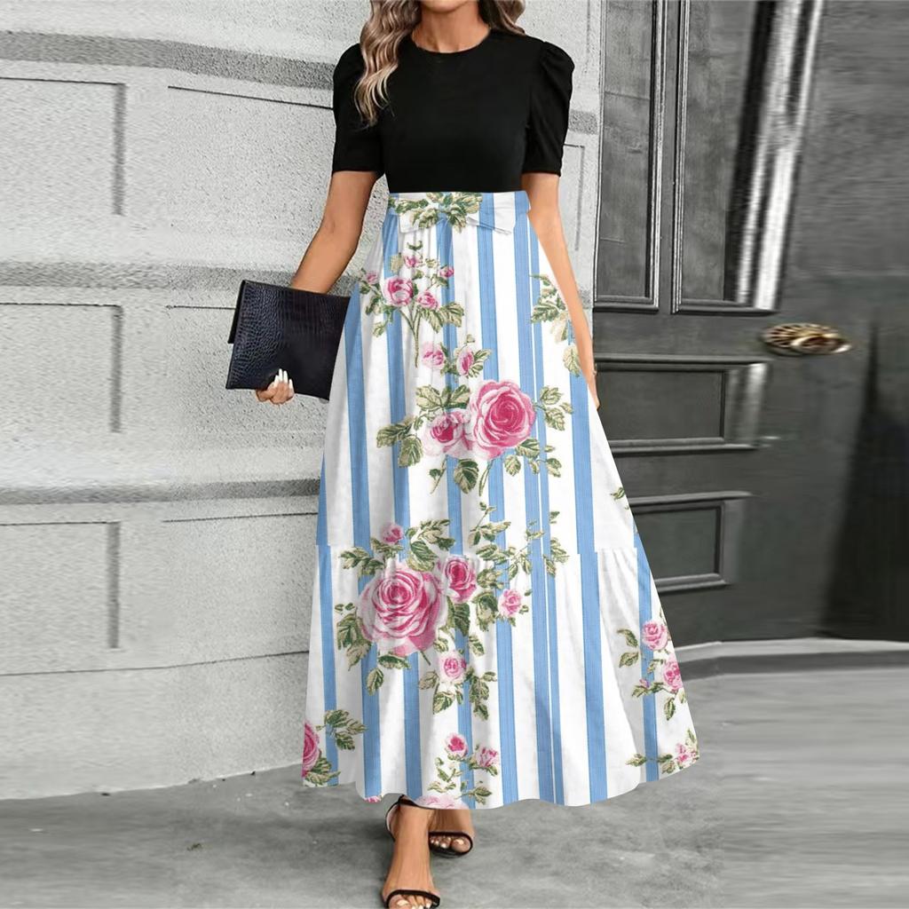 Damen Modisches Lässiges Gürtel Kurzärmeliges Rundhals Print Elegantes Temperament Kleid