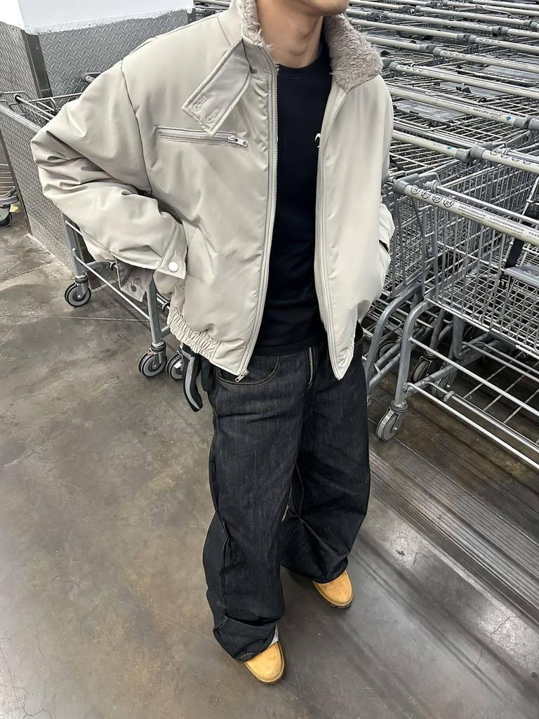 Cement Gray Winter Warm Fur Collar Cotton Harrington Bomber Jacket