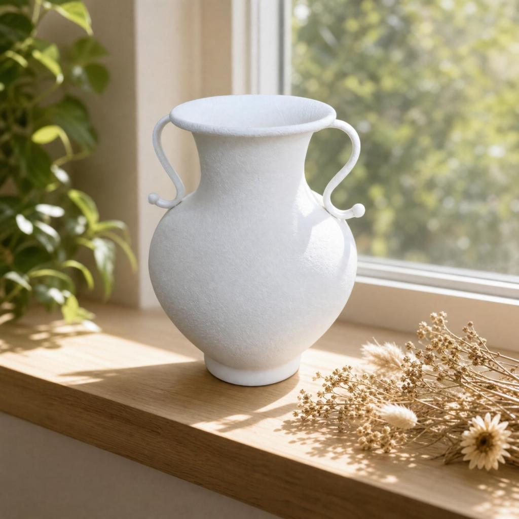 White Iron Vase with Handles Sturdy Bulbous Pedestal Textured Centerpiece