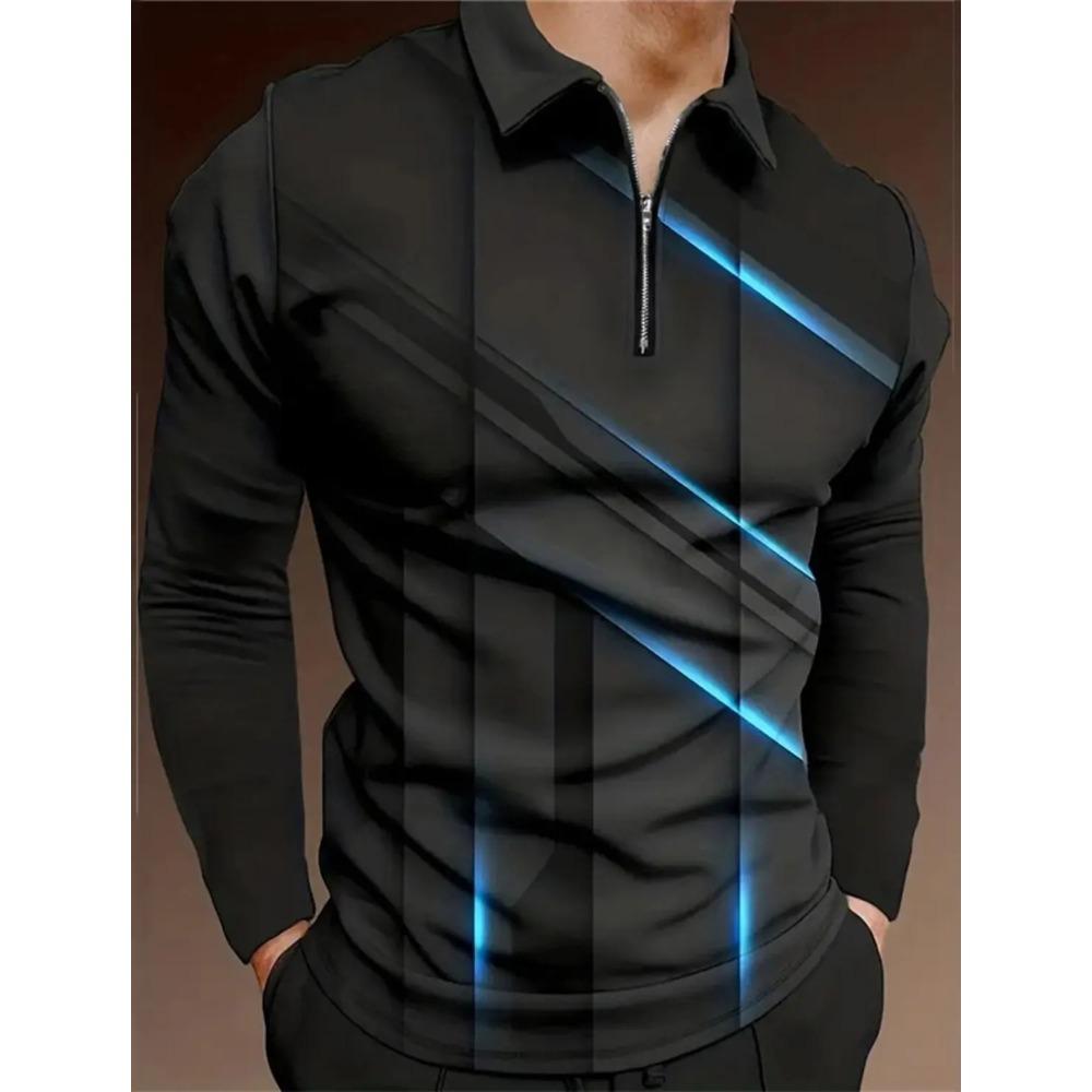 Spring and Summer Fashion Striped Casual Lapel Long Sleeved Shirt with 3D Digital Printing Zipper Polo Shirt for Men