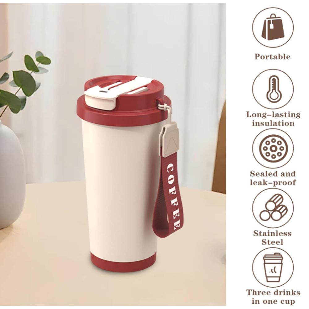 530ml 316 Stainless Steel Thermos Coffee Cup Ceramic Liner Vacuum Insulated Cup with Straw Cold and Hot Tumbler Travel Car Mug