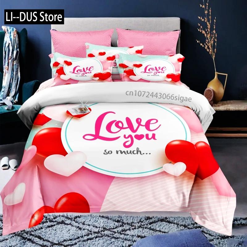 Custom Name Love Heart Valentine's Day 3D Duvet Cover Bedding Set Comforter Linen Pillowcases Wedding Decor Twin King Queen