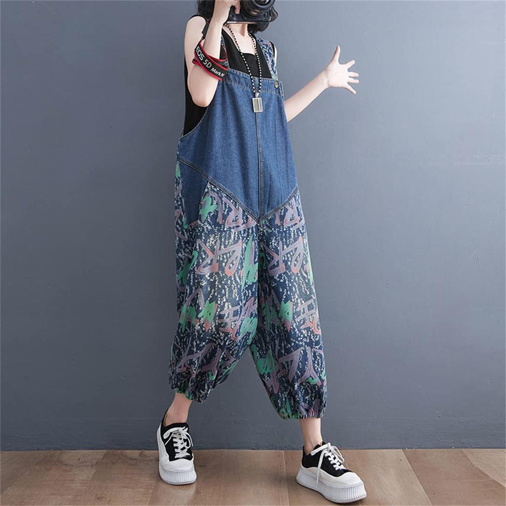 Mouhoukyo Denim Loose Cropped Sizes Women's Overalls, Wide-Leg Pants, Jeans, Fit, Printed, Length, Casual, Flattering, M-2XL, Spring/Autumn (Color