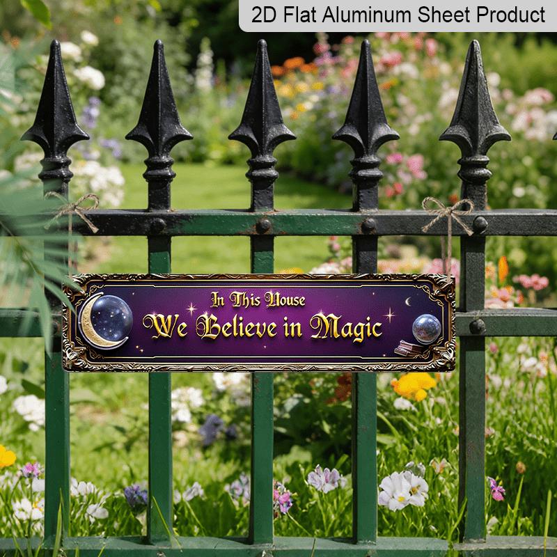 2D Flat - 1pc Magic House Metal Sign | Vintage Wizard Aluminum Decorative Sign with Golden Frame and Magic Symbols - Ideal for Home, Bars, Cafes