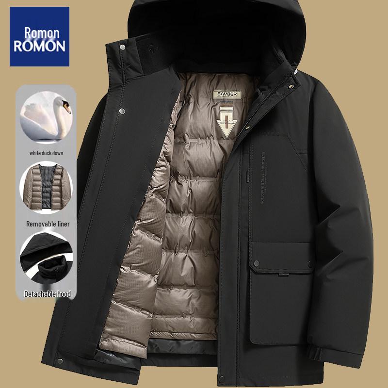 LOMON Men's Thickened Hooded Down Jacket - Removable Lining, Warm Winter Outerwear for Dad