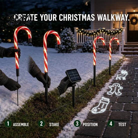Waterproof Christmas Decor 4Pcs Solar Candy Cane Pathway Lights, Outdoor Stake Powered Lights Garden for Yard Lawn Patio Holiday Decorations