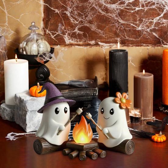 Ghost Campfire Gathering Halloween Decor Cute 2 Ghost And Bonfire Figurine Resin Ghost Night Light for Home Mantel Shelf Desk Decor