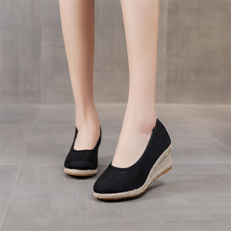 

Женские туфли на танкетке в корейском стиле 2025 года - Весенне-осенние туфли для работы с плетеным соломой острым носком 41 чёрный