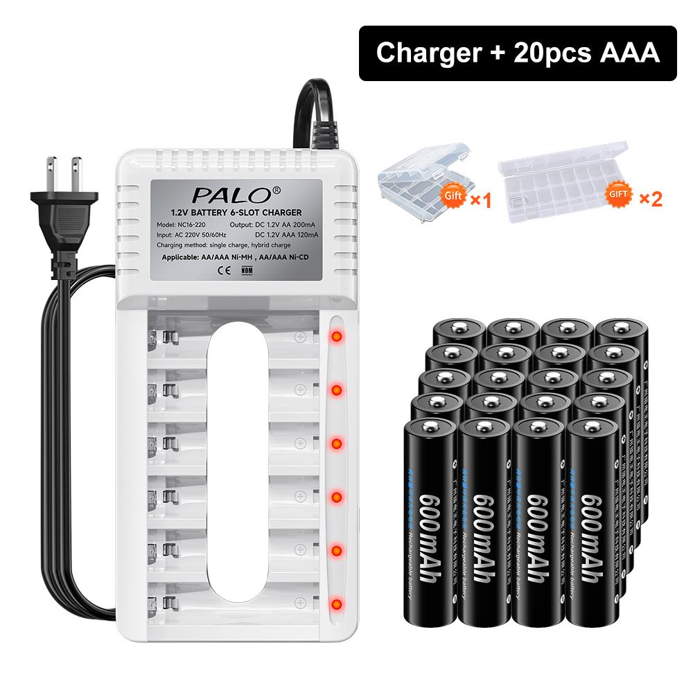 PALO Rechargeable Battery AA 1.2V Ni-MH Batteirse AA(HR6) 1300mAh and AAA(HR03) 600mAh NI-MH 2A/3A Rechargeable Batteries+6-slot charger